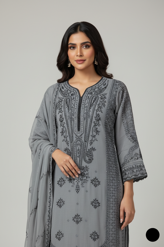 Grey chiffon Pakistani women's straight shirt with plazo side view