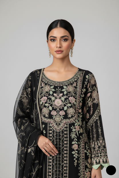 Black chiffon Pakistani women's straight shirt with plazo side view