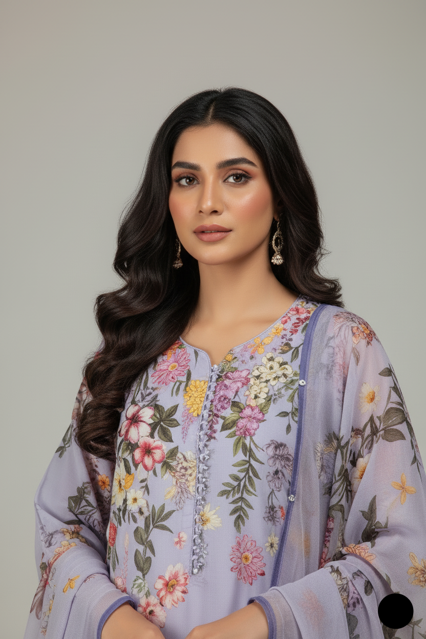 Lilac organza Pakistani women's A-Line shirt side view
