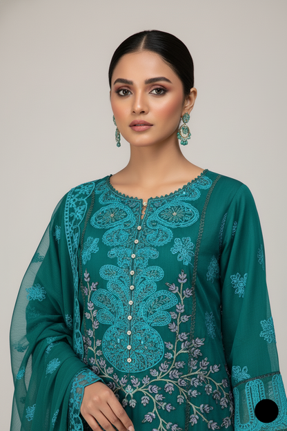 Sea green chiffon Pakistani women's straight shirt with plazo side view