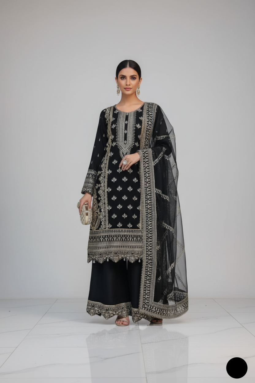 Chiffon straight shirt plazo ABS 3050 - Pakistani women's party wear with grip plazo and organza dupatta front view