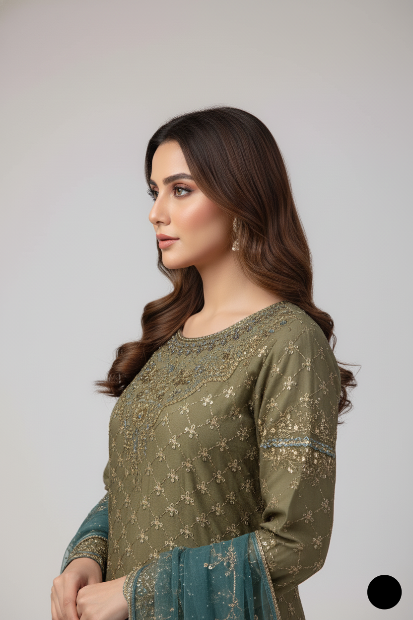Pakistani women's mehndi green chiffon straight shirt plazo detail view
