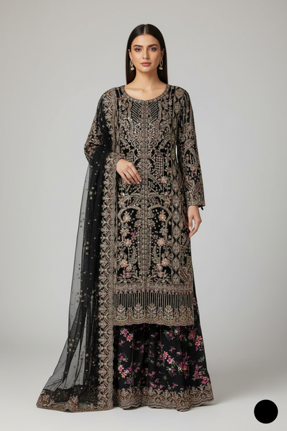 Organza straight shirt black - Pakistani women's elegant formal wear with viscose trouser and organza dupatta front view