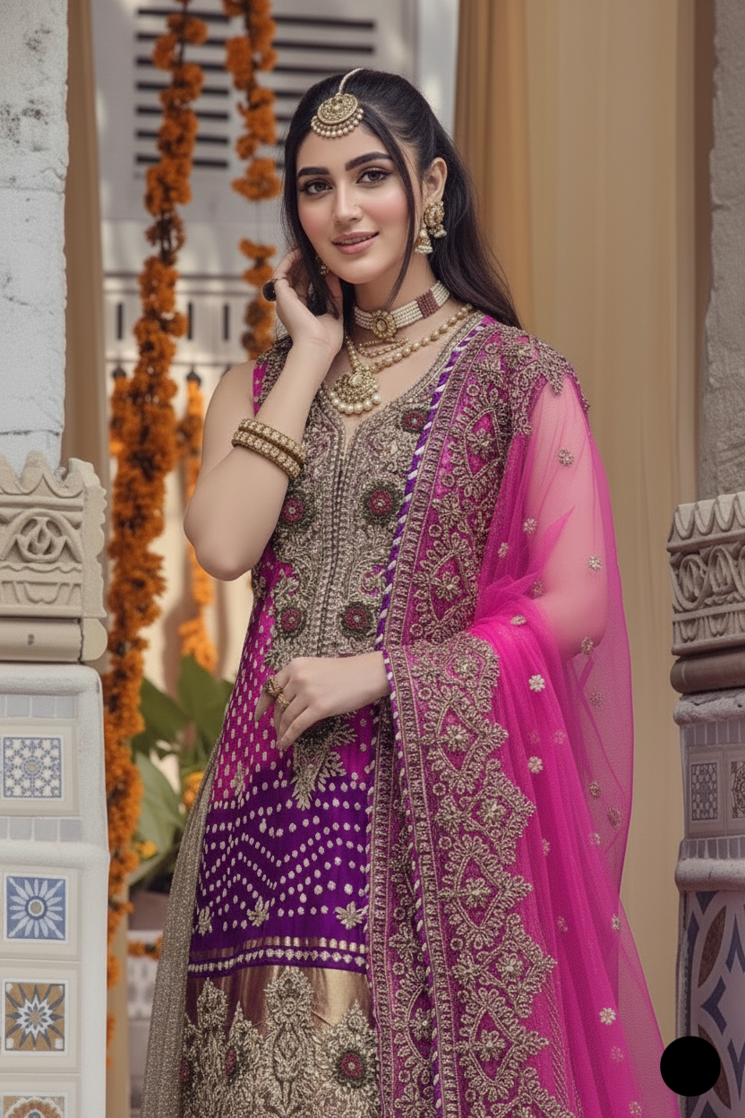 KB P244 Pakistani women's luxury silk bridal sharara full view
