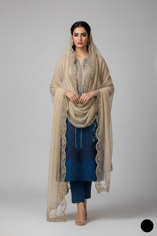 Organza A-Line shirt skin - Pakistani women's elegant formal wear with viscose trouser and organza dupatta front view