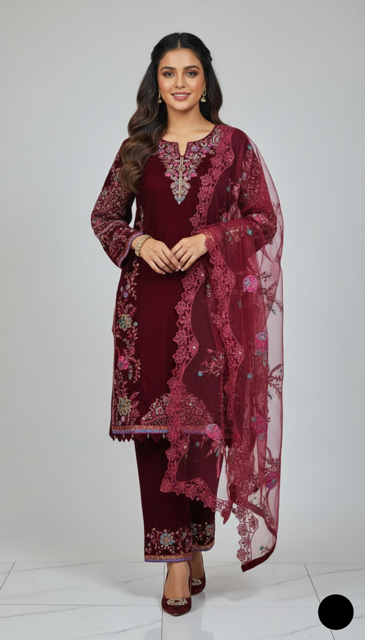 Chiffon straight shirt plazo maroon - Pakistani women's party wear with viscose plazo and chiffon dupatta front view