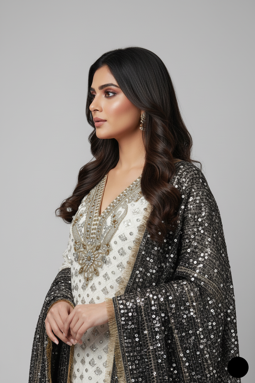Pakistani women's navy blue organza straight shirt detail view