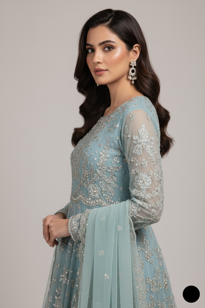 ABS 3289 Pakistani women's chiffon long frock with organza dupatta back view