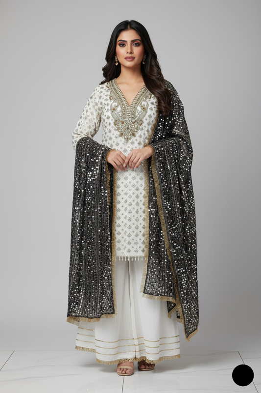 Organza straight shirt navy blue - Pakistani women's elegant formal wear with viscose trouser and organza dupatta front view