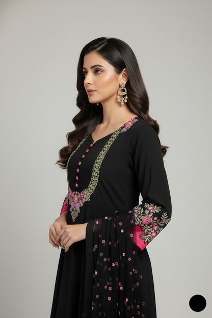 SG 1466 Pakistani women's linen long frock with net dupatta back view