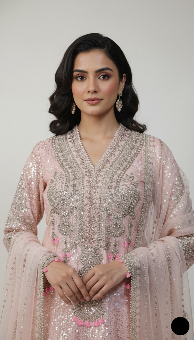 Pink soft net Pakistani women's A-Line shirt with plazo side view