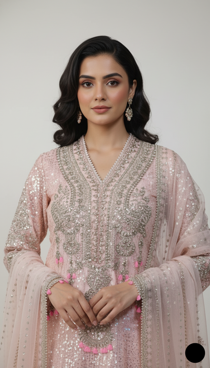 Pink soft net Pakistani women's A-Line shirt with plazo side view