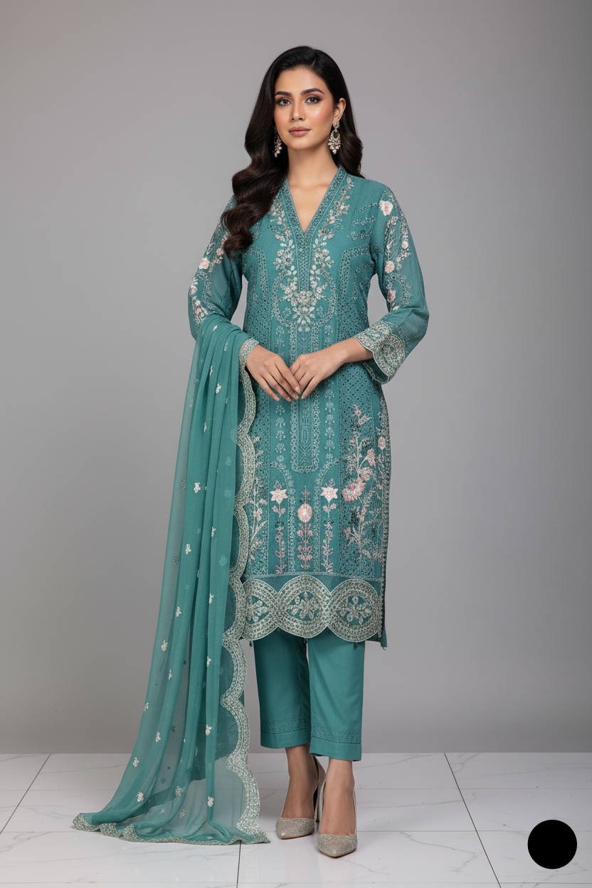 Chiffon straight shirt plazo light green - Pakistani women's party wear with viscose plazo and chiffon dupatta front view