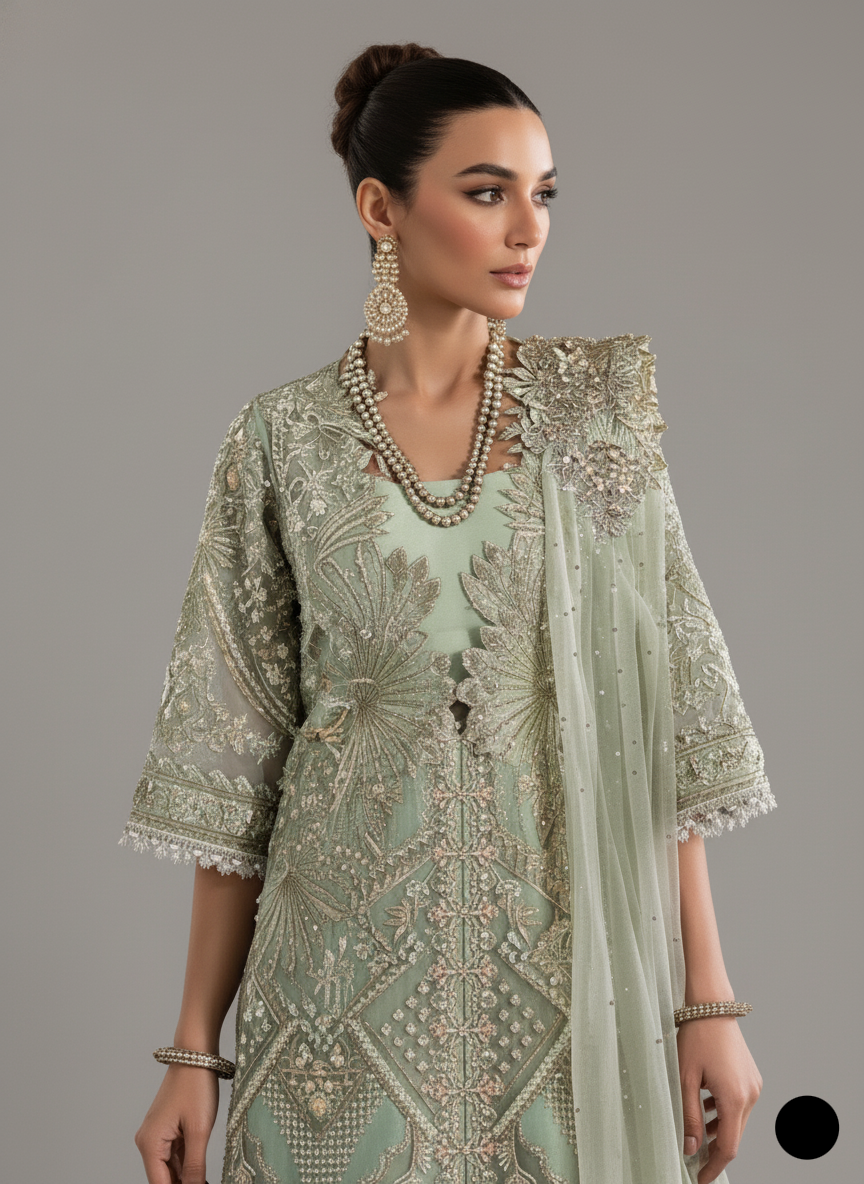 Pista green organza Pakistani women's straight shirt side view