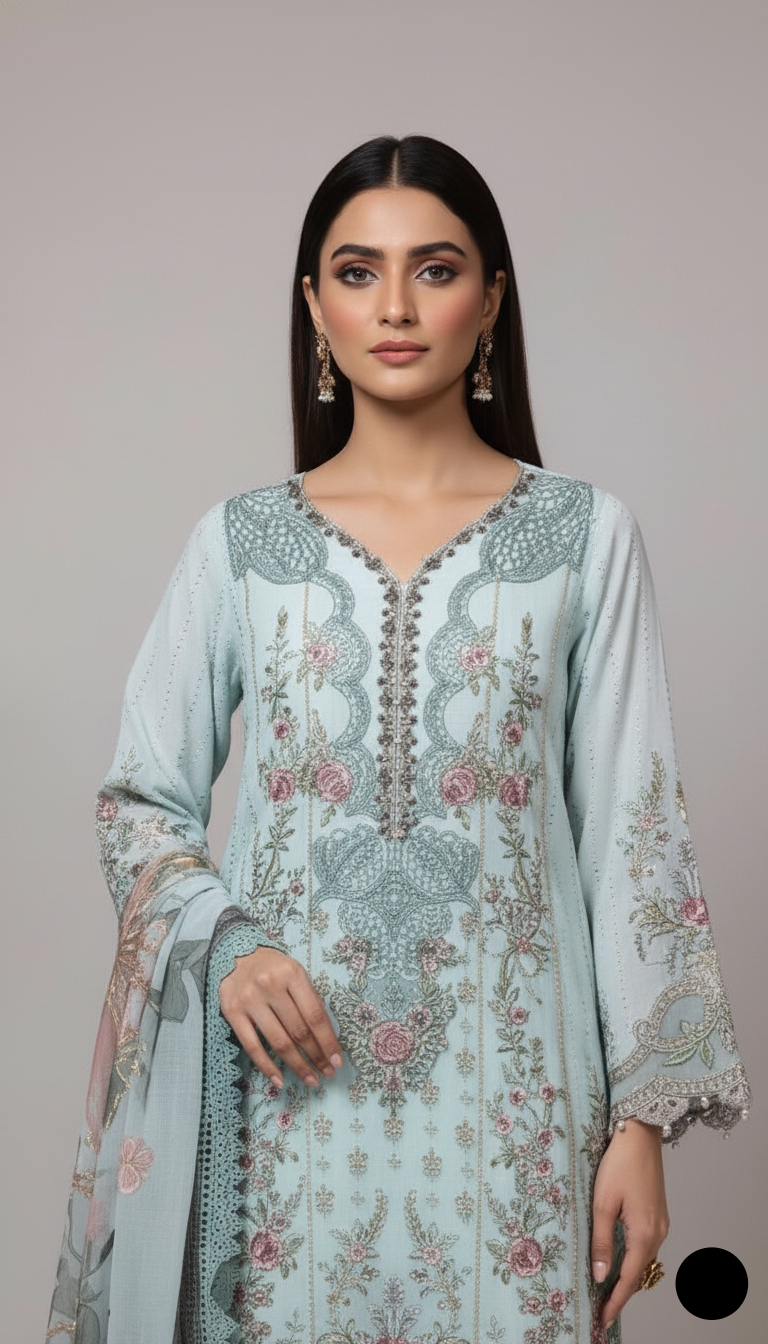 Icy blue chiffon Pakistani women's A-Line shirt side view