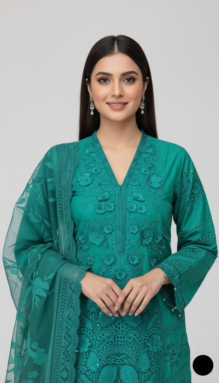 Green organza Pakistani women's A-Line shirt side view