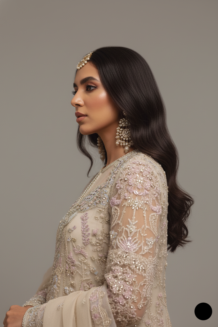Pakistani women's off white organza straight shirt detail view