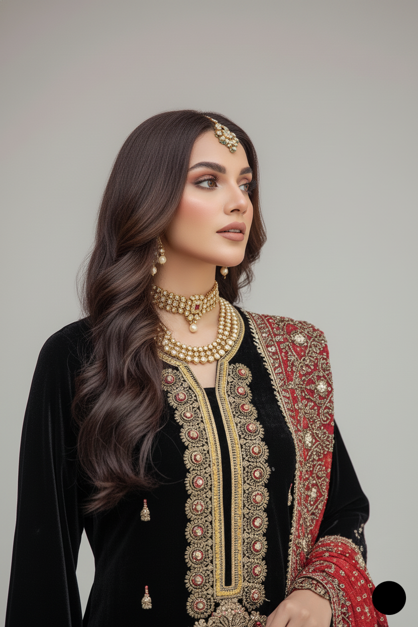 KB P242 Pakistani women's crinkle chiffon embroidered outfit back view