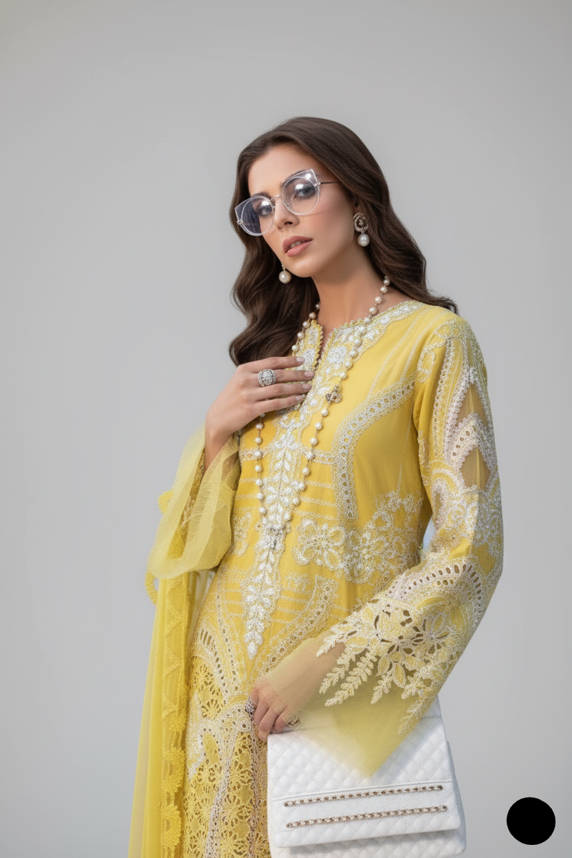 Yellow organza Pakistani women's A-Line shirt side view
