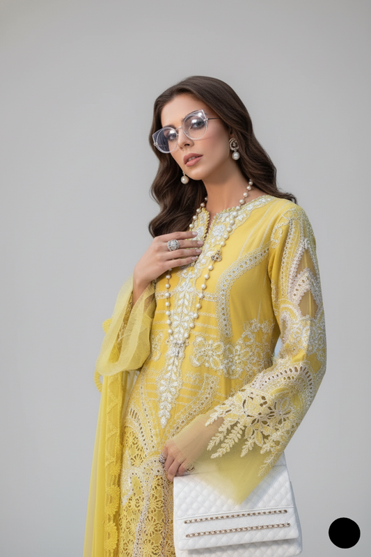 Yellow organza Pakistani women's A-Line shirt side view