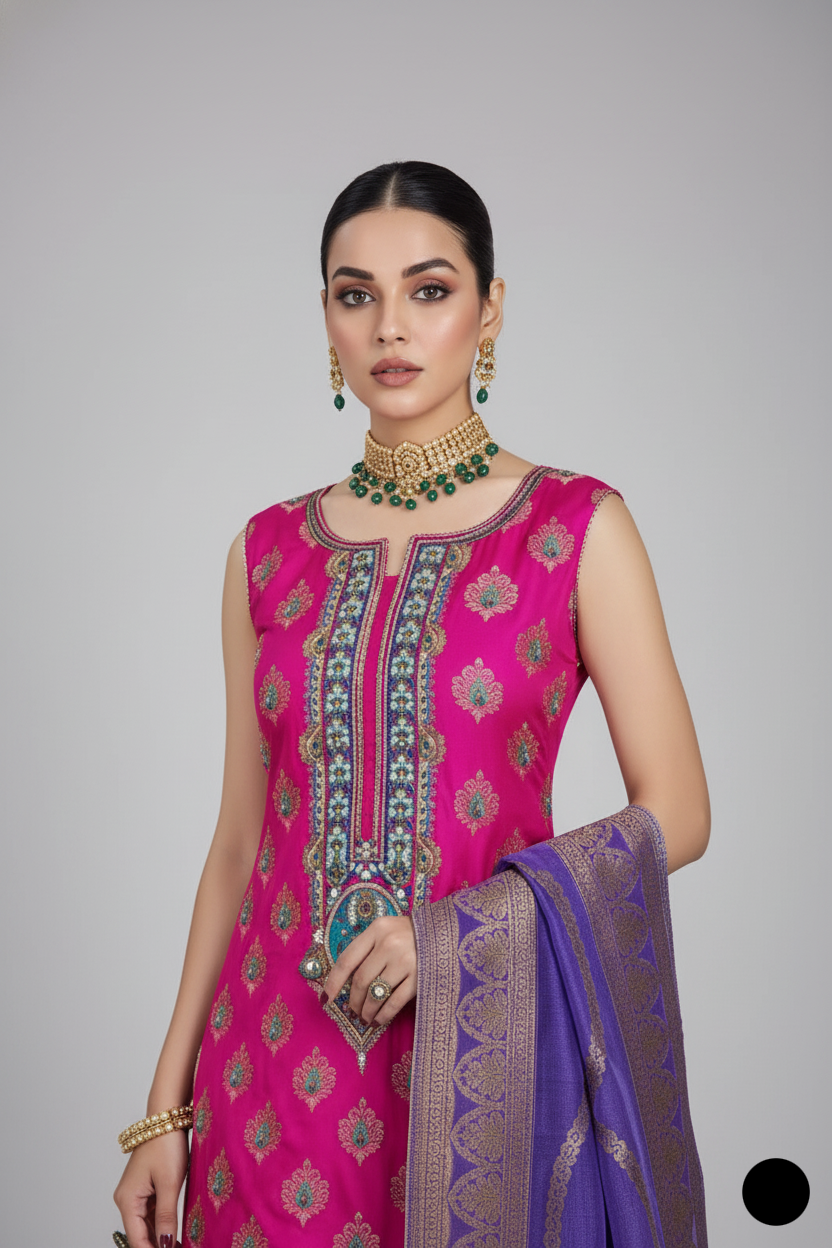 KB P248 pure silk jamawar Pakistani women's embroidered formal outfit side view