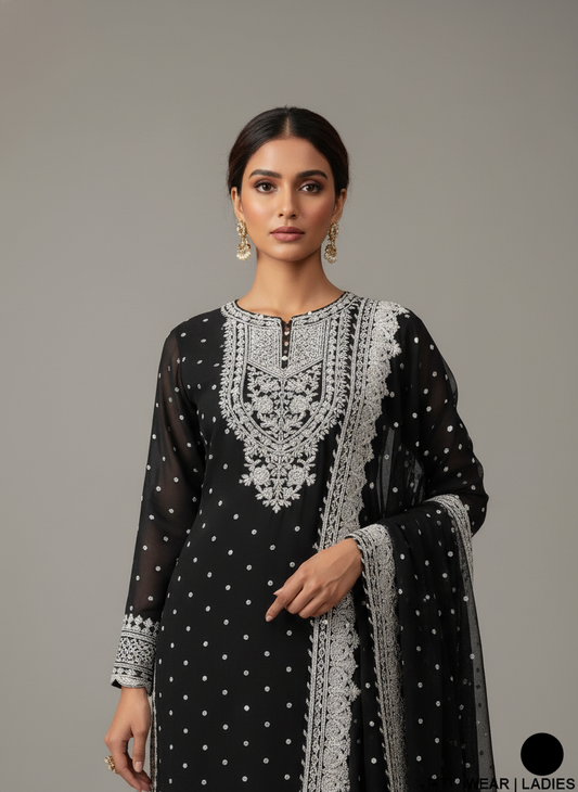 ABL 3837 chiffon Pakistani women's straight shirt with gharara side view