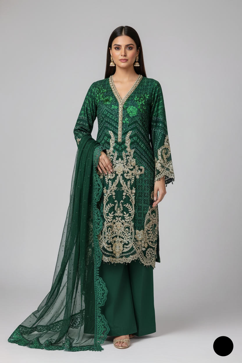 Organza straight shirt bottle green - Pakistani women's elegant formal wear with viscose trouser and organza dupatta front view