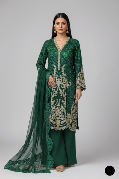 Organza straight shirt bottle green - Pakistani women's elegant formal wear with viscose trouser and organza dupatta front view