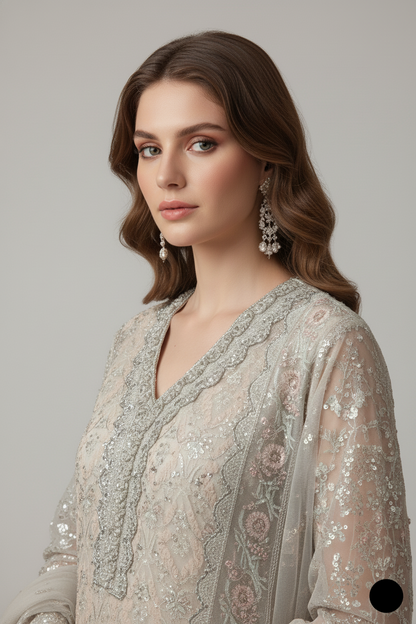 Pakistani women's skin organza open shirt detail view
