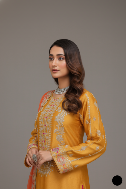 Pakistani women's mustard yellow silk straight shirt detail view