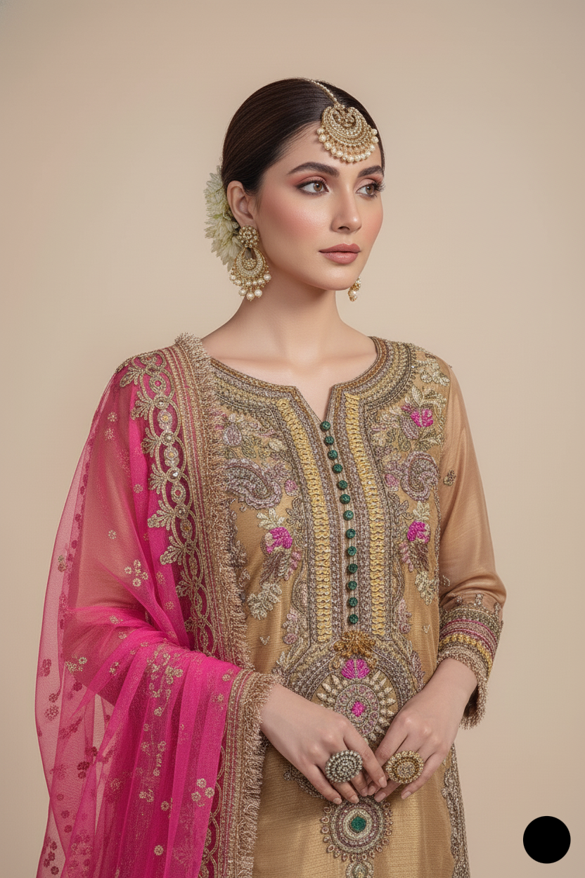KB P231 GOLDEN Pakistani women's masuri formal outfit back view