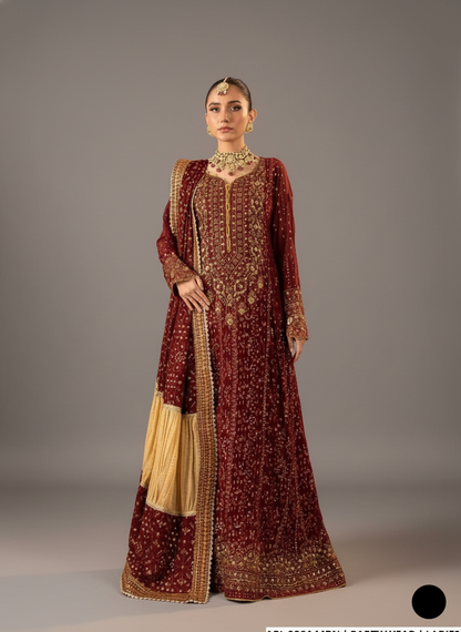 Chiffon long maxi ABL 3864 - Pakistani women's luxury formal wear with embroidered net dupatta front view