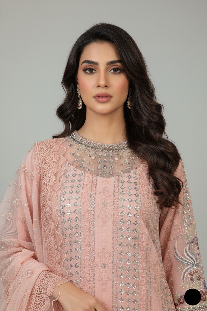 ABL 4075 - Beige Chiffon Straight 3-Piece Women's Pakistani Suit