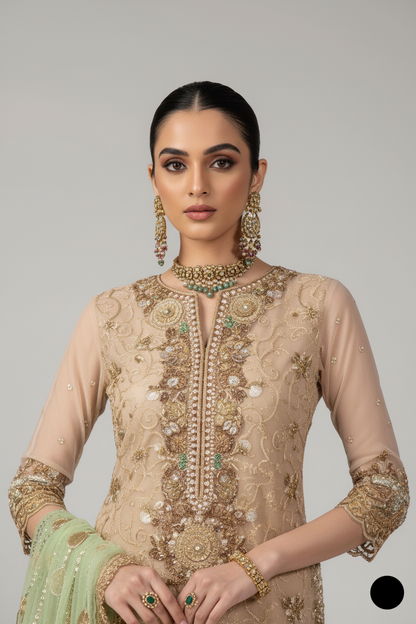 KB P221 Pakistani women's resham formal outfit back view