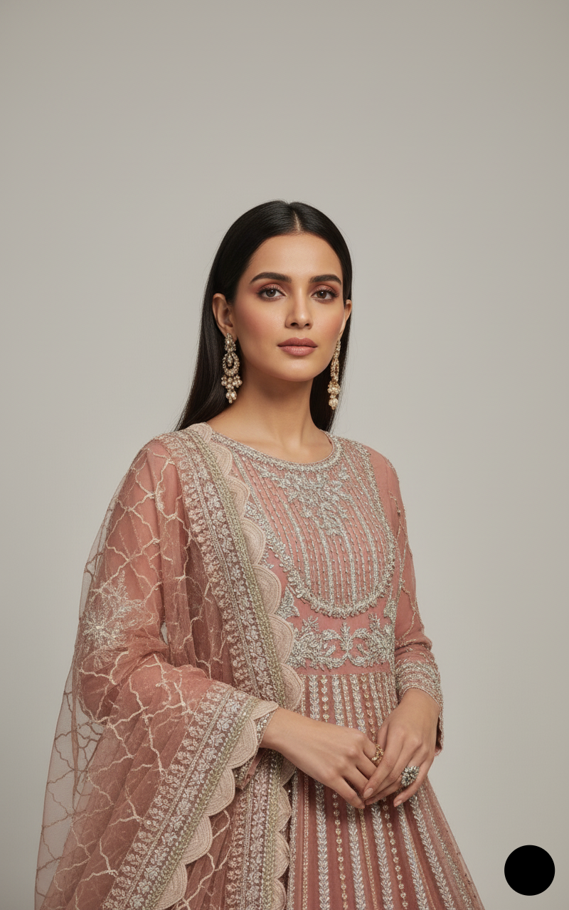 ABL 3987 net Pakistani women's long frock with viscose lehenga side view