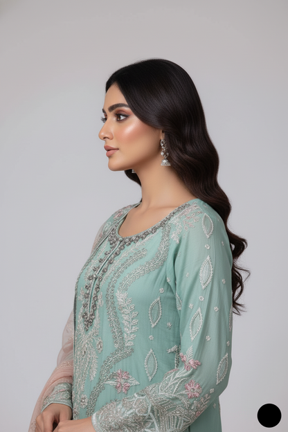 Pakistani women's ferozi chiffon straight shirt plazo detail view