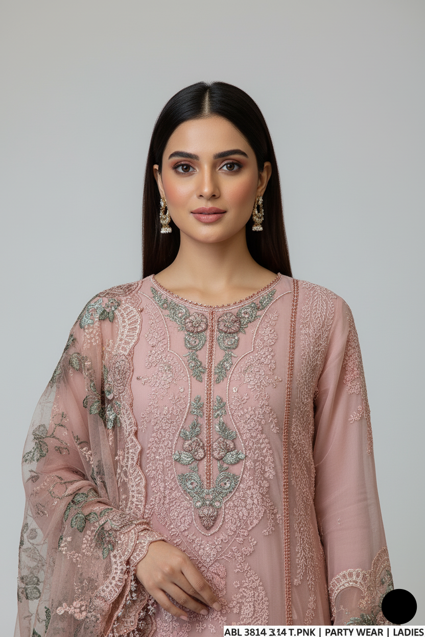 Tea pink chiffon Pakistani women's A-Line shirt side view