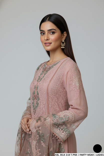 Pakistani women's tea pink chiffon A-Line shirt detail view