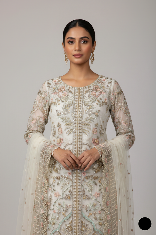 Off white organza Pakistani women's short shirt side view