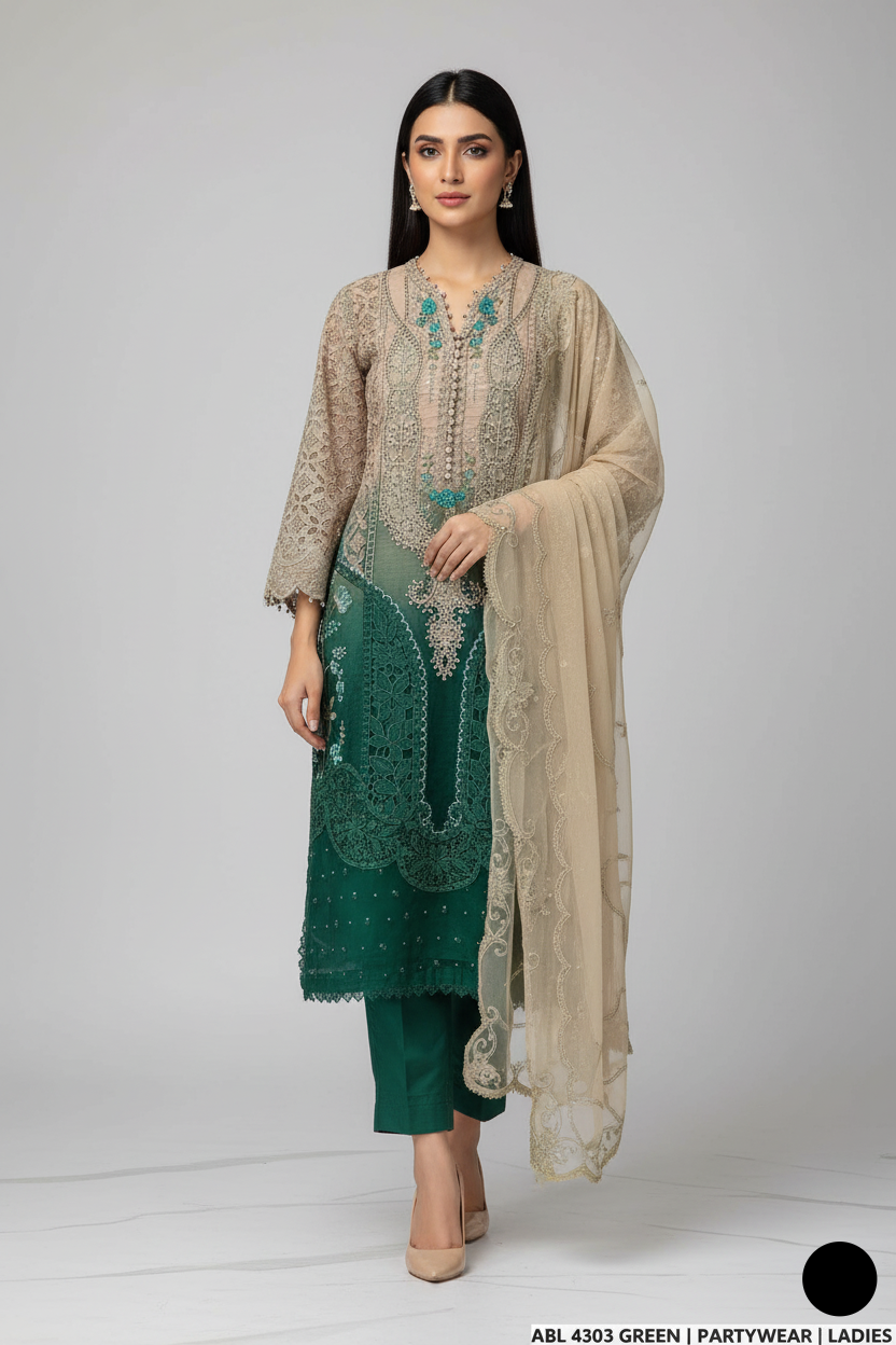 Organza A-Line shirt green - Pakistani women's elegant formal wear with viscose trouser and organza dupatta front view