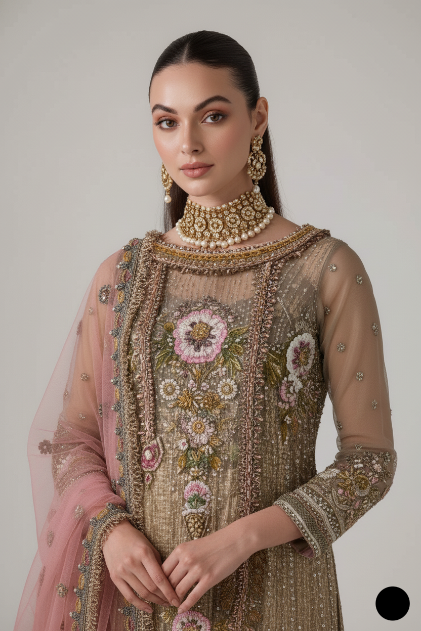 Pakistani women's gold hand embroidered luxury suit detail view