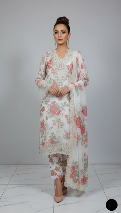 Organza A-Line shirt rust white - Pakistani women's elegant formal wear with viscose trouser and organza dupatta front view