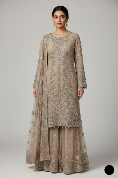 Organza straight shirt skin - Pakistani women's elegant formal wear with viscose trouser and organza dupatta front view