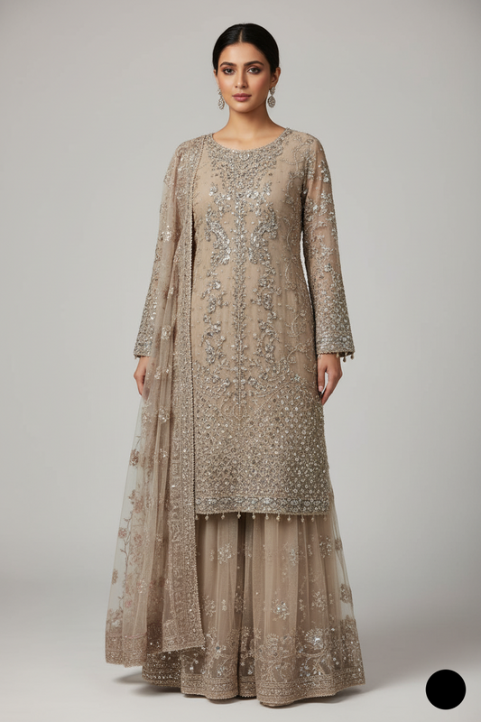 Organza straight shirt skin - Pakistani women's elegant formal wear with viscose trouser and organza dupatta front view
