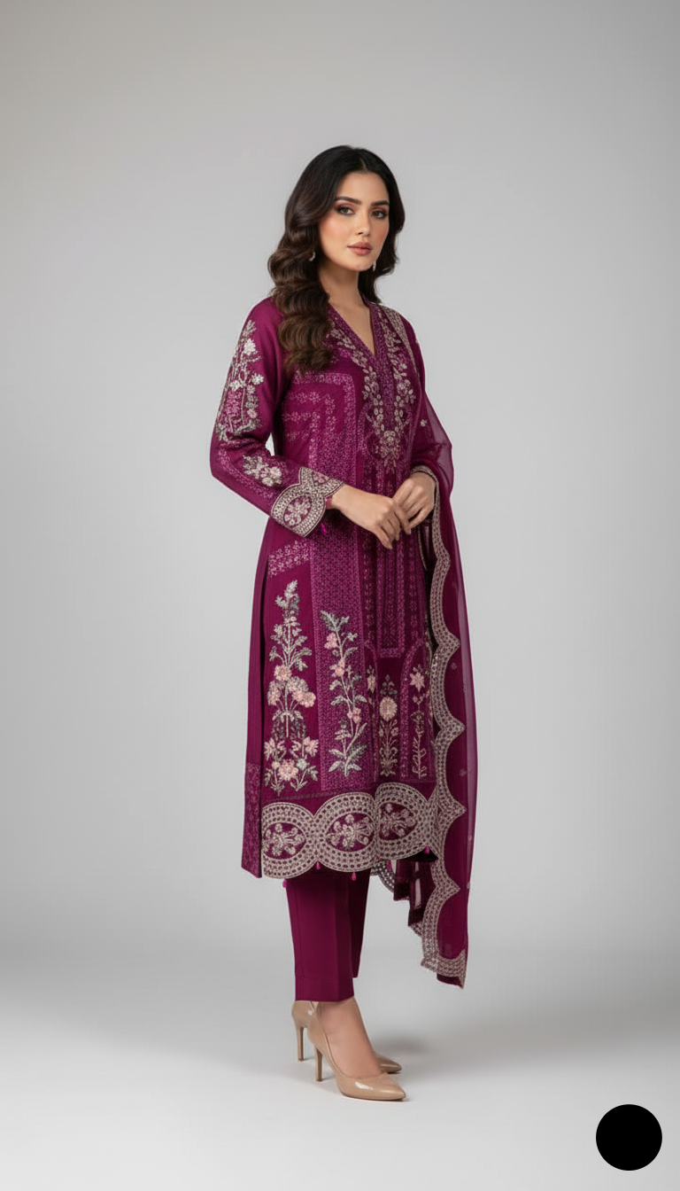 Pakistani women's magenta chiffon straight shirt plazo detail view
