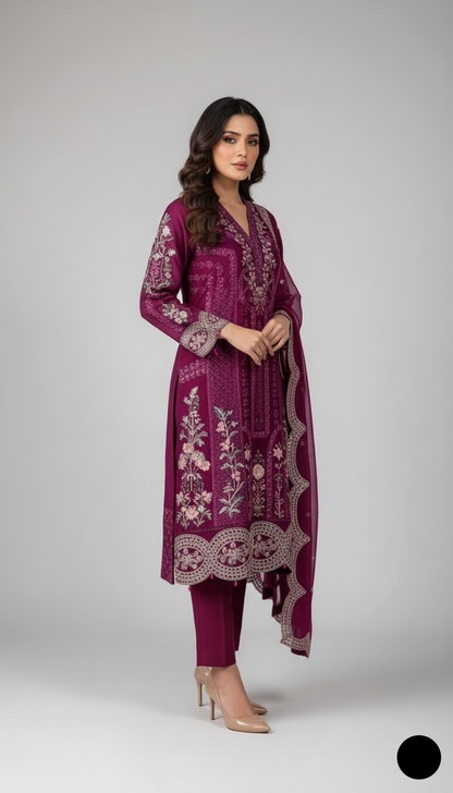Pakistani women's magenta chiffon straight shirt plazo detail view