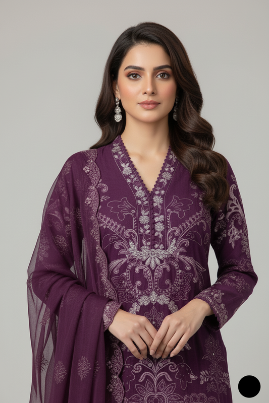 Purple chiffon Pakistani women's straight shirt with plazo side view