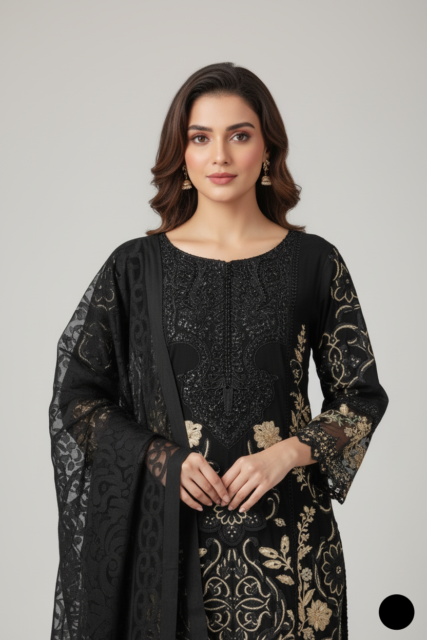Black chiffon Pakistani women's straight shirt with plazo side view