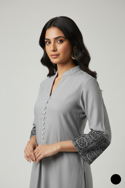 Pakistani women's grey lawn A-Line casual shirt detail view