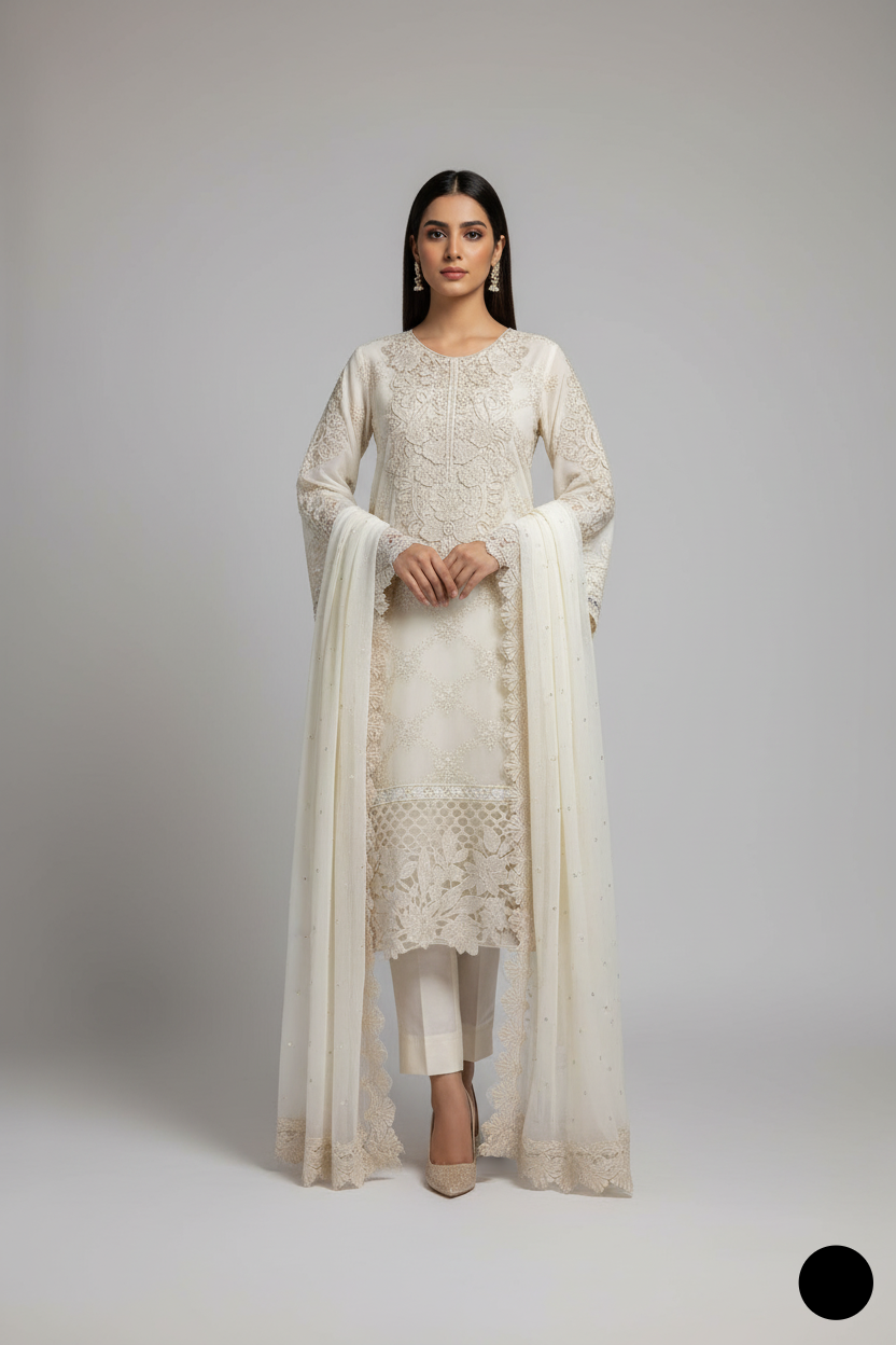 Chiffon A-Line shirt ABL 4079 WHT - Pakistani women's elegant dress with chiffon dupatta front view